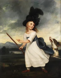 Portrait of a Girl in a White Dress, with Black Hat, Gun, and Hunting Dog